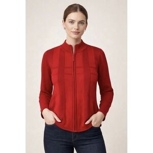 RADZOLI Vintage Women's Red Ribbed Zip Up Mock Neck Sweater Jacket Top Large
